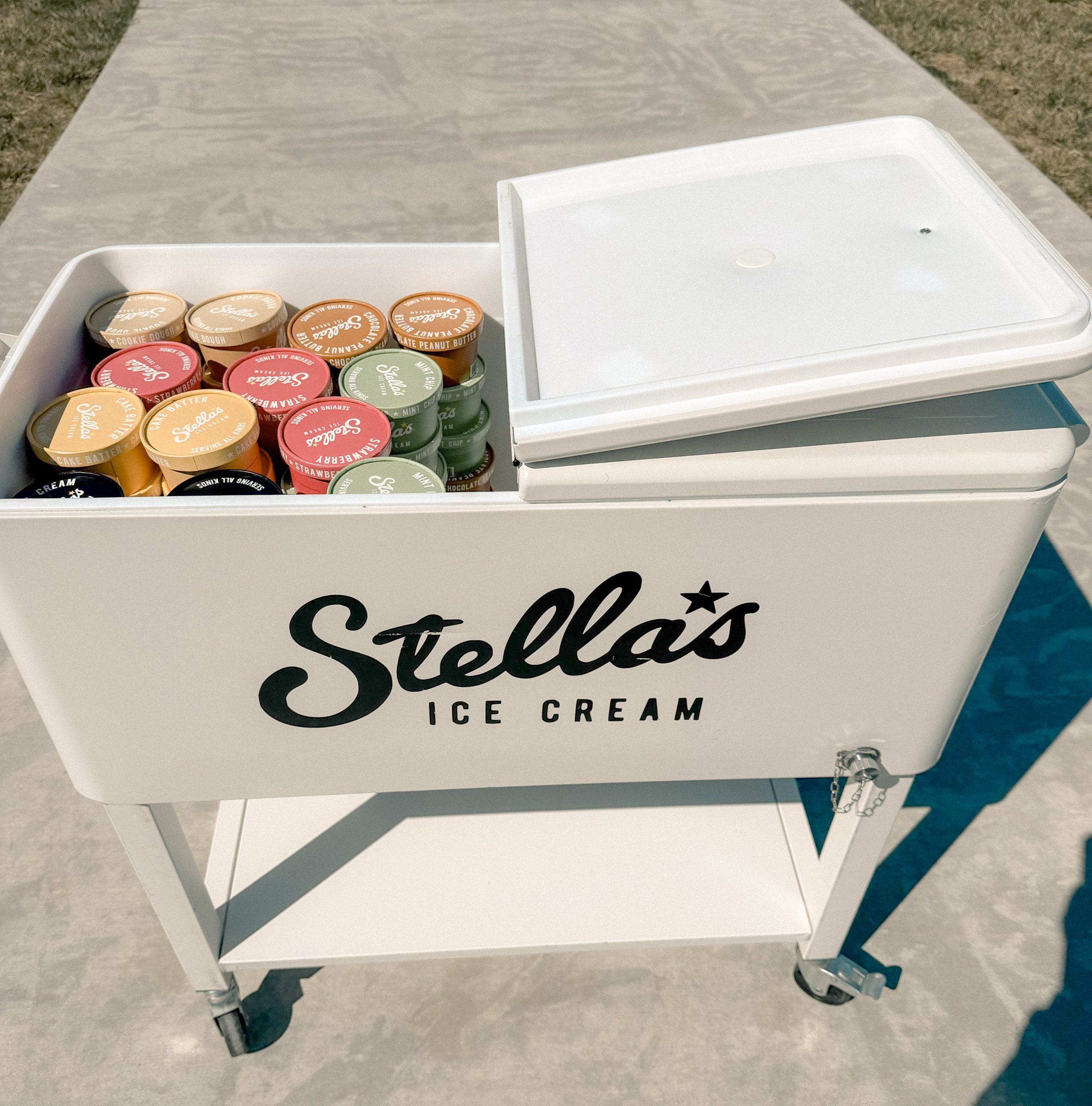 Stella's patio cooler full of pre-packaged ice cream